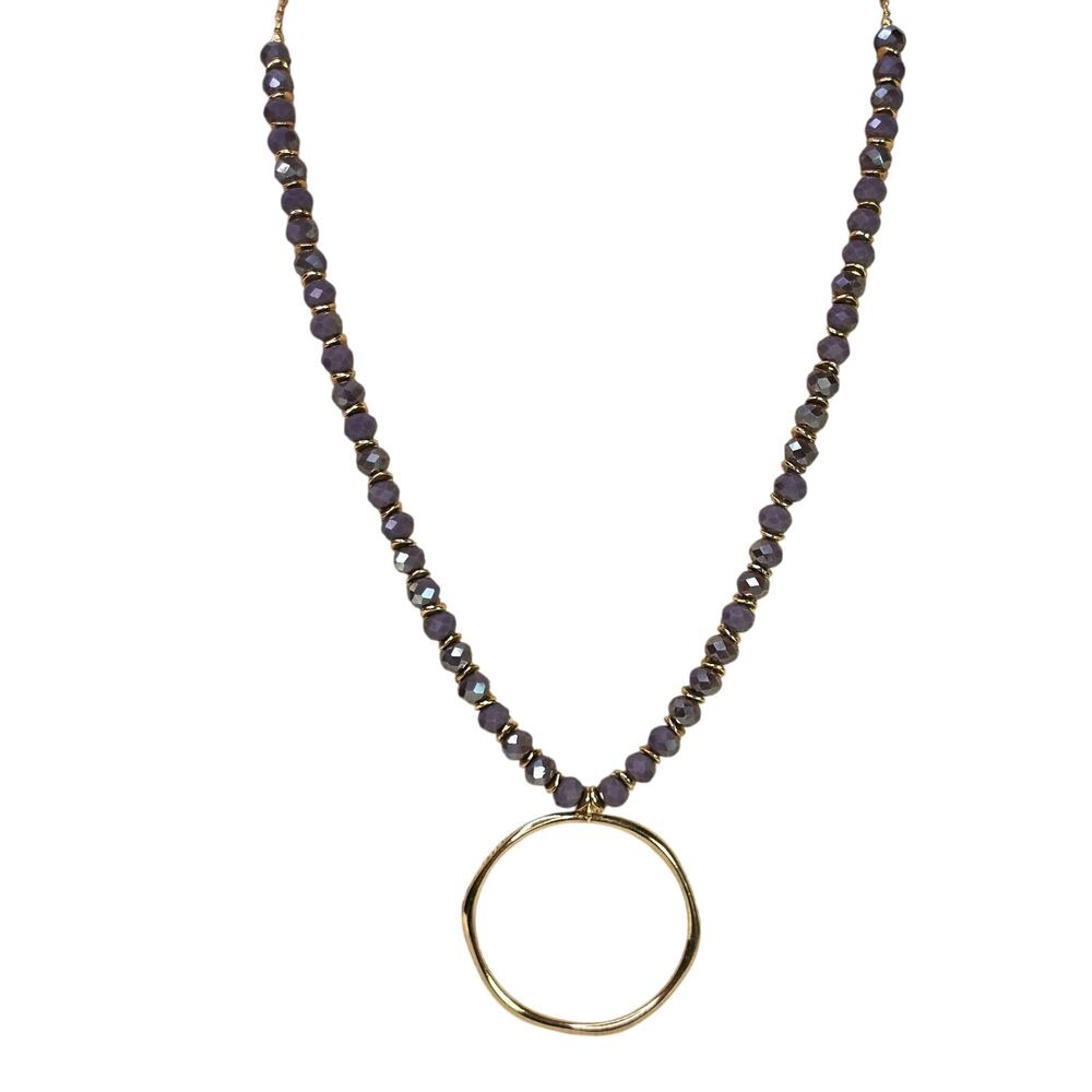 Vintage Necklace Pale Purple Glass Bead on Gold Tone Chain w/ Circle Pendant 34"